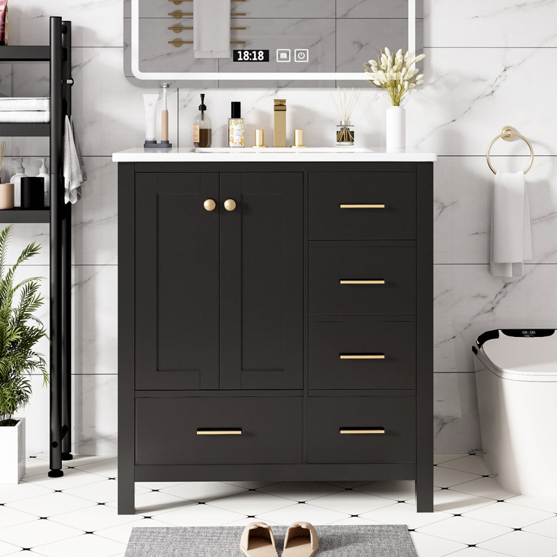 Ensemble de meuble-lavabo 30 po avec lavabo en céramique, armoire de rangement en bois massif, ensemble de meuble-lavabo autoportant avec 4 tiroirs et portes à fermeture douce