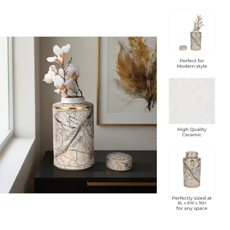Modern Ceramic Marble Pattern Table Jar with Lid for Home Decor - Decorative Cylindrical Tall Jar for Storage Accent or Shelf Styling - Black