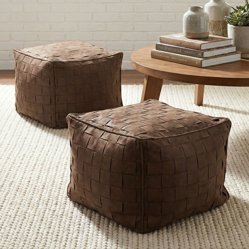 Modern 18.5" Wide Woven Square Ottoman Poufs (Set Of 2), Brown