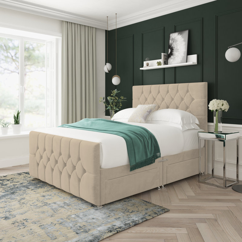Upholstered Divan Bed, Foot-end Drawers, Beige, Kingsize (5')