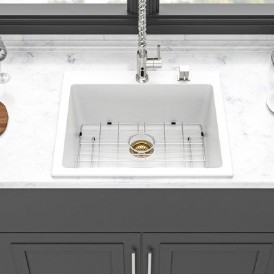 Évier de cuisine encastré en quartz blanc de 25 po x 22 po, fonction épaisse et silencieuse, surface non poreuse pour une cuisine hygiénique, paquet avec grille de séchage en granit robuste, surface à gratter,