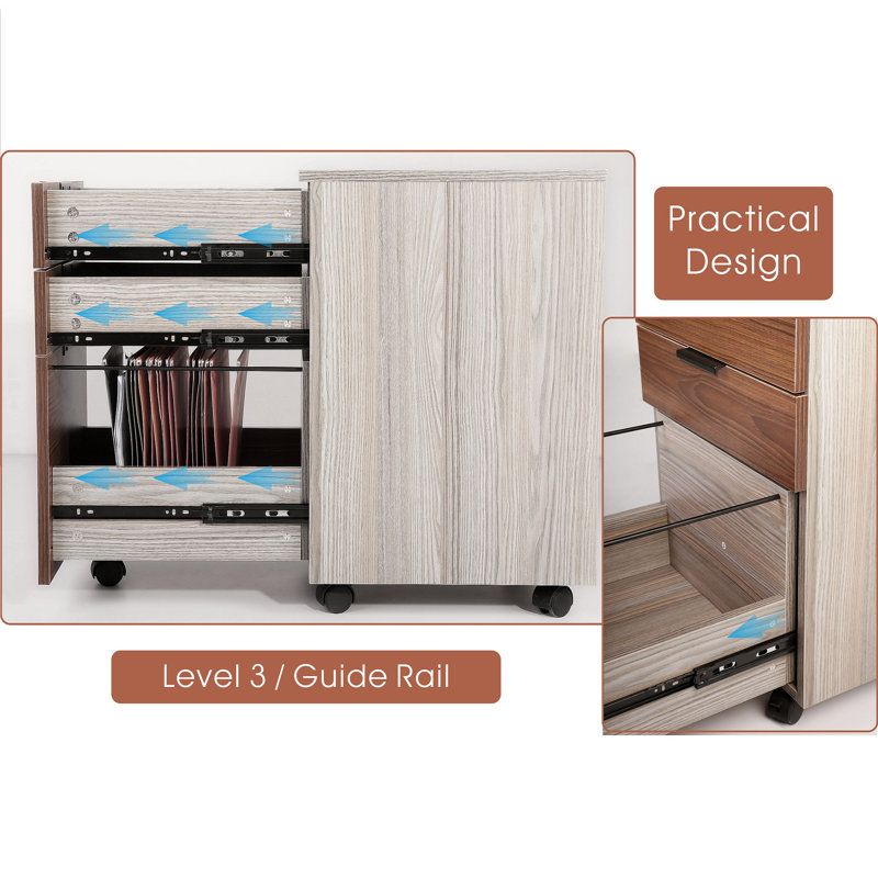 Mobile Vertical Lockable 3-Drawer File Cabinet in Brown