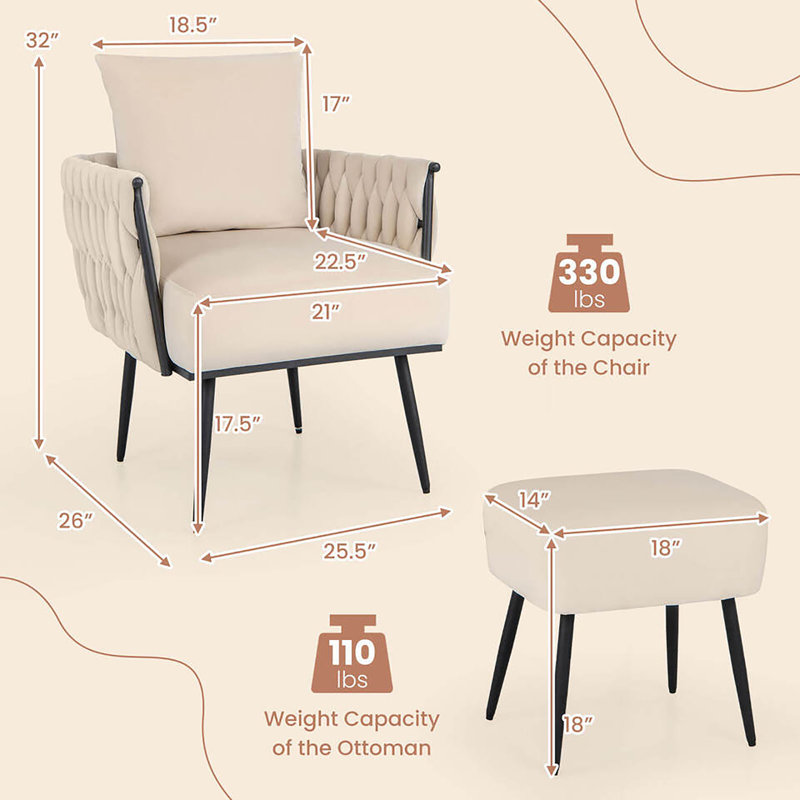 Itamar Velvet Accent Chair with Ottoman, Beige Velvet