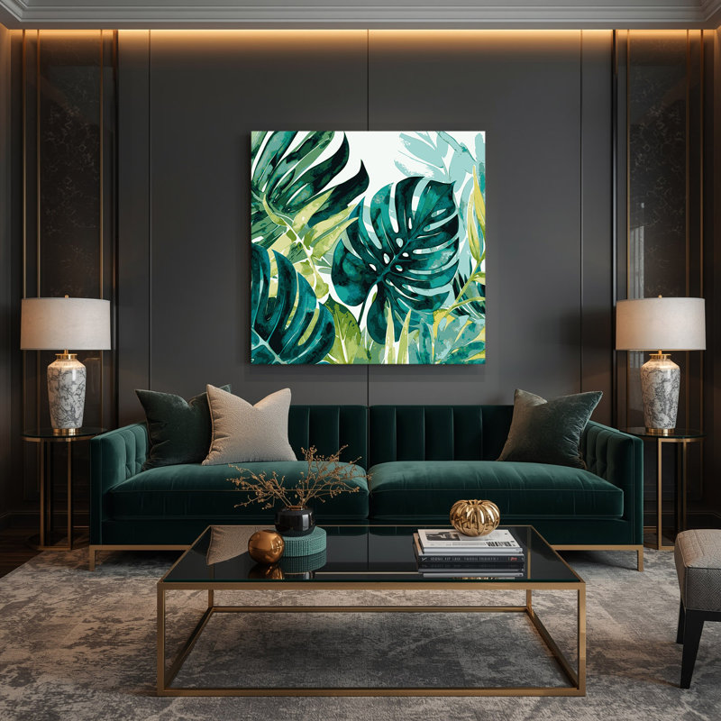 «Hawaiian Stylized Leaves», art mural sur toile verte, H 8 po x l 8 po