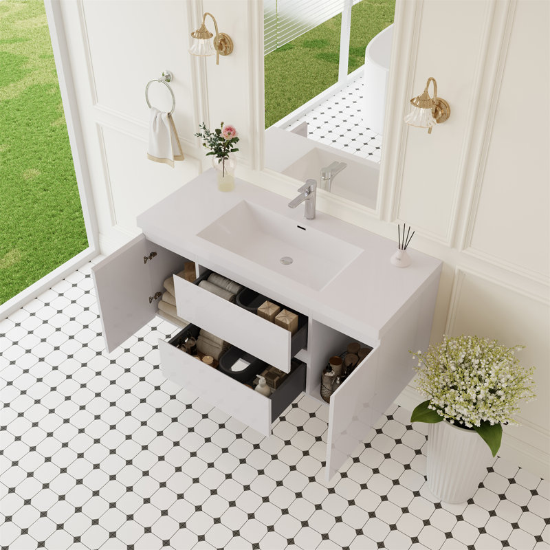 Meuble-lavabo flottant avec lavabo, Blanc, 47"