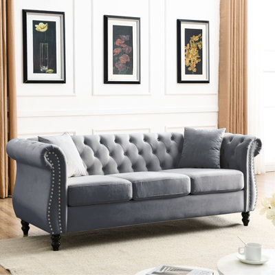 Grey Velvet 3+3 Seating - Comfortable For Daily Use Combination & Stylish Any Room Classic Style With Nailhead Trim Solid Wood Frame Durability Foam Cushions Relaxation Low Back Breathability