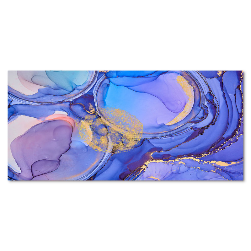 Bleu et mauve, luxe, abstrait, fluide X III - Peinture sur toile, H 28 po x l 60 po, Toile tendue