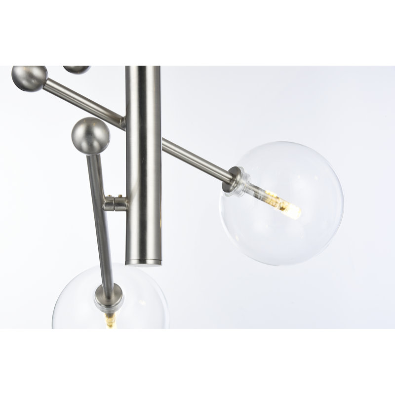 Lustre géométrique Anjelita Sputnik avec abat-jour en verre transparent, Six lumières, Nickel brillant