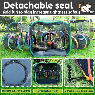 Portable Outdoor Rainbow Cat Enclosure 7 in 1 Outdoor Catio with Tent & Tunnel for Outside Cage Free Outside Pop up Pet Enclosure Cat Tunnel Outdoor Playground for Indoor for Large Cats and Other Animals