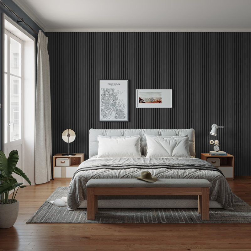 Ensemble de 4 panneaux muraux à lattes de 94,5 po x 12,6 po x 0,8 po pour lattes intérieures en chêne gris (paquet de 4 / 33,07 pieds carrés)