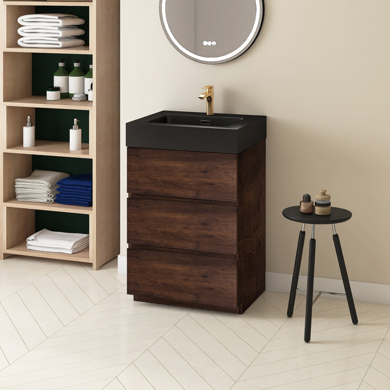 Rokeya 24'' Single Sink Freestanding Bath Vanity, Black, Walnut