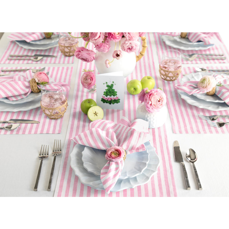 Amalfi Stripe - 100% Pure Linen Table Runner, 60" x 14", Cherry Blossom/White