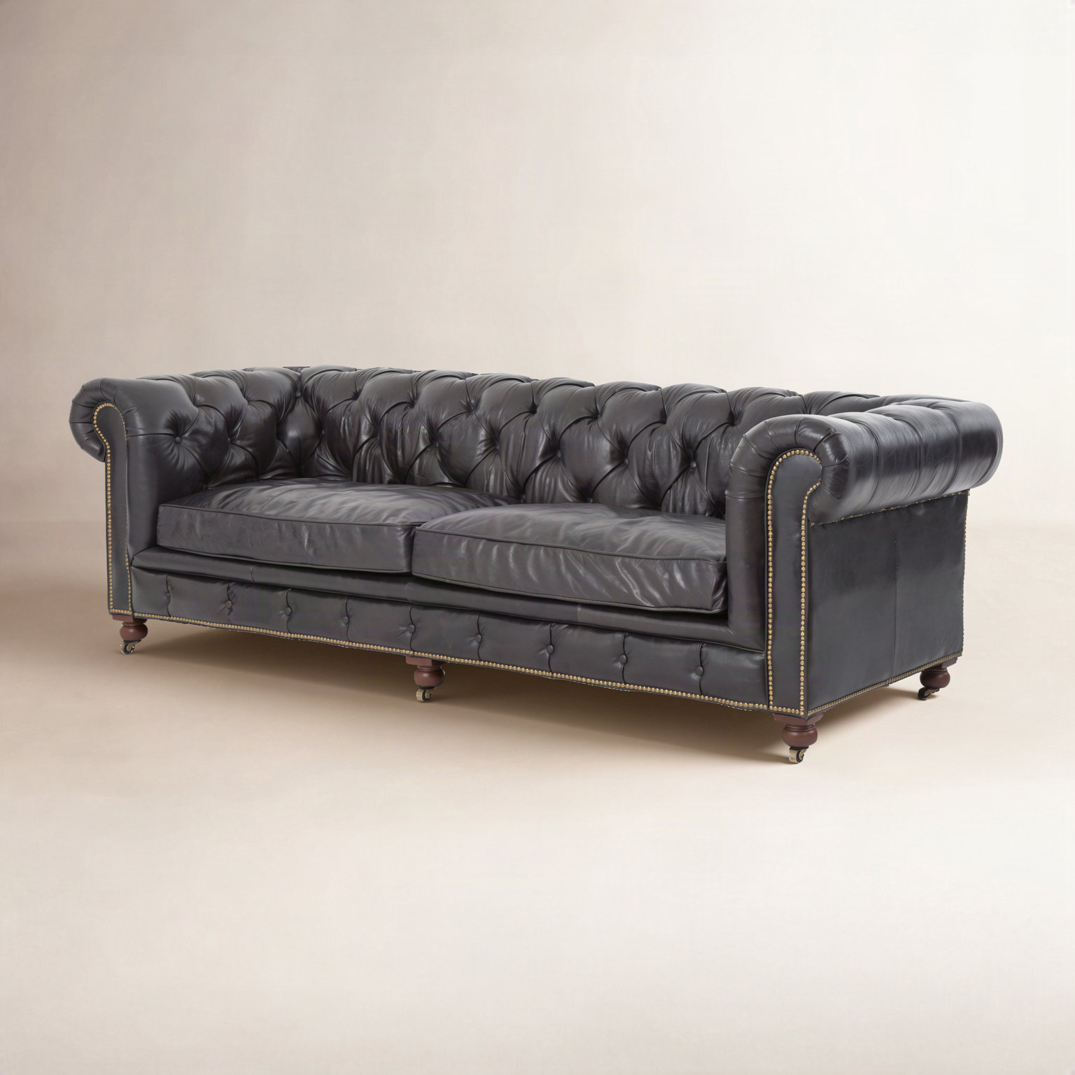Ramon 96" Genuine Leather Chesterfield Sofa, Rider Black Genuine Leather