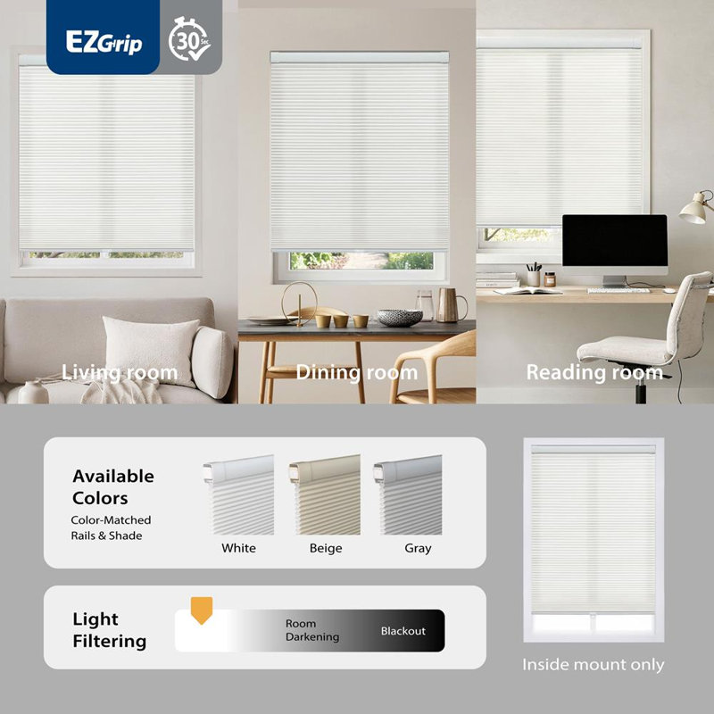 Store alvéolaire filtrant la lumière No Drill EZ Grip, blanc, l 44 po x H 64 po, White, 44" W x 64" H