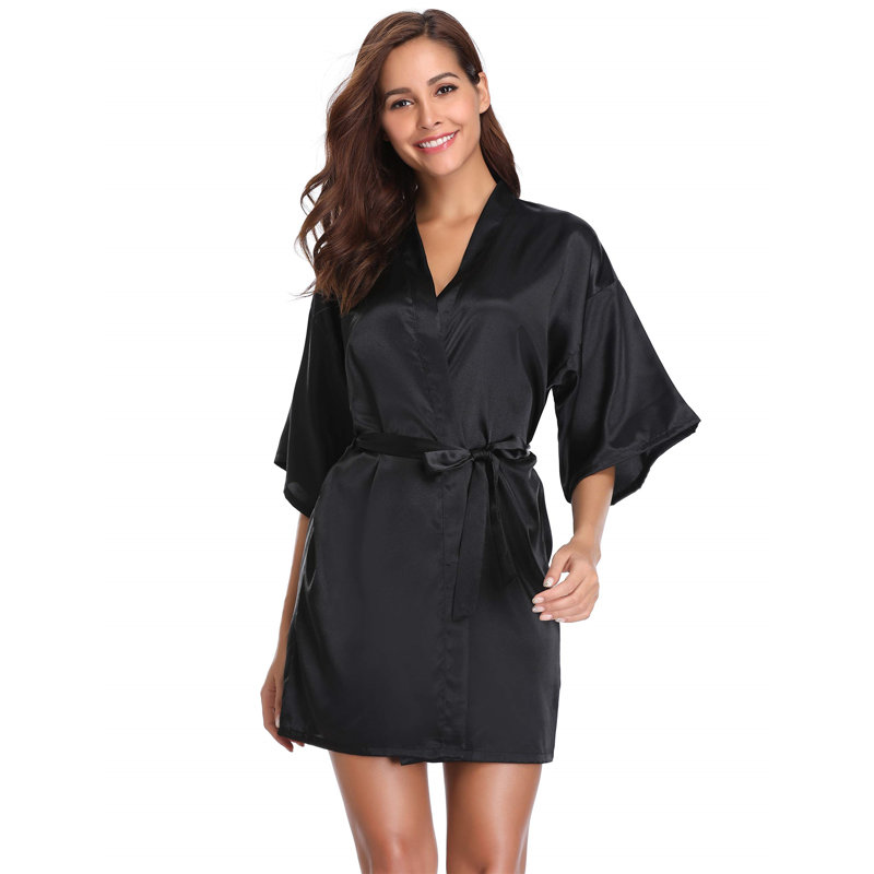Renta Satin Above Knee Bathrobe, S, Black