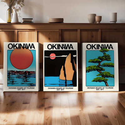 Ensemble de 3 affiches murales encadrées, style vintage, sur toile, représentant un paysage insulaire japonais rétro. Décoration murale pour salon, chambre ou bureau, avec coucher de soleil sur une falaise et des pins. Style minimaliste et moderne.
