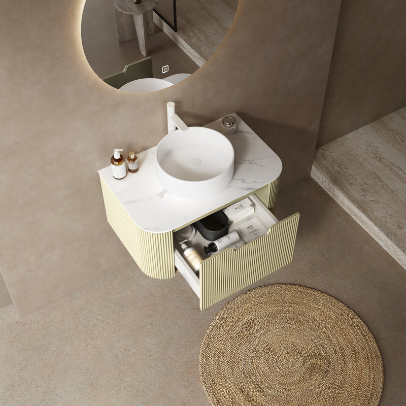 Meuble-lavabo flottant avec lavabo rond en céramique, plateau en pierre frittée, armoire en contreplaqué à rayures 3D vert clair, tiroir de rangement pré-assemblé et glissières à fermeture en douceur.