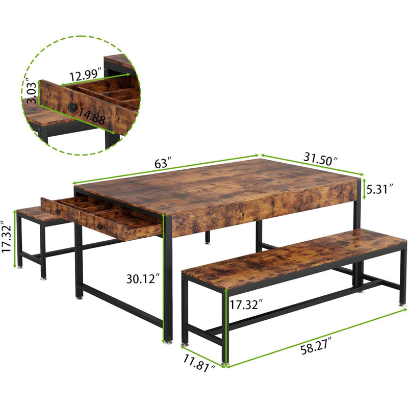 Ensemble de table de salle à manger 63 po pour 4 à 6 personnes, 3 pièces Zubie, Brun