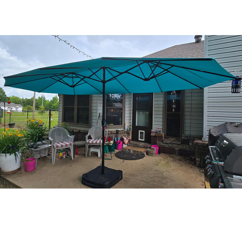 Parasol de marché de 14 pi avec base rectangulaire double face et parasol avec manivelle 12 nervures robustes robustes pour la piscine