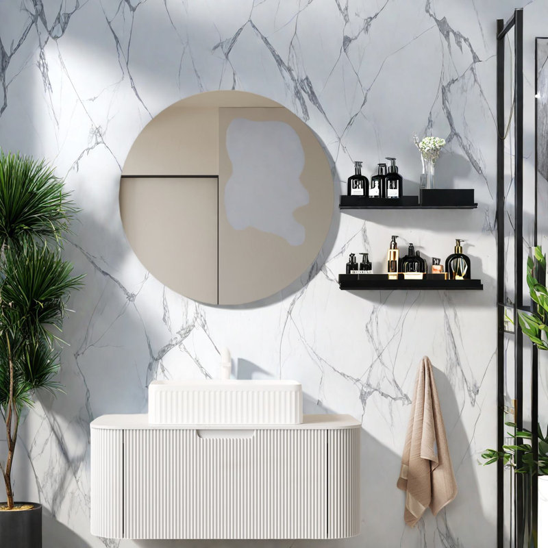 Meuble-lavabo moderne blanc avec rangement, lavabo en céramique et armoire en contreplaqué