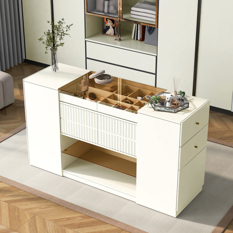 Commode de meuble-lavabo pour îlot de cuisine moderne et multifonctionnel avec plateau en verre, vitrine, 6 tiroirs pour garde-robe et chambre à coucher