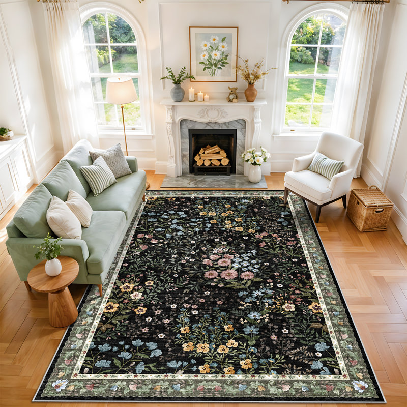 Tapis floral Eden Mughal, Noir, Rectangle 6 pi x 9 pi