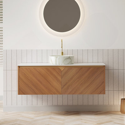 Meuble-lavabo de salle de bain avec vasque ronde en céramique et plateau en pierre frittée