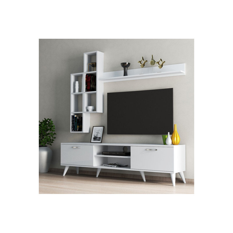 Modern White TV Unit with Wall Shelf & Cabinets, 70.9 x 18.9 x 13.8 in | 100% Melamine Coated Particle Board, Thickness: 0.7 in | Stylish & Functional Design for Living Room, Includes 2 Cabinets & Shelf