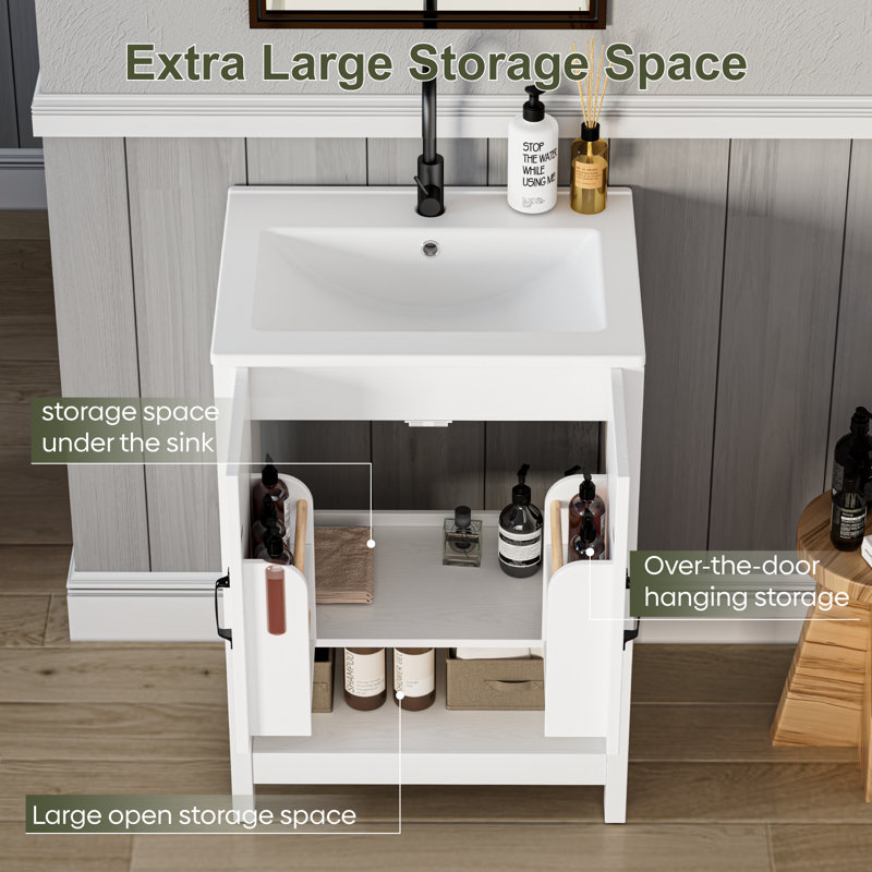 Meuble-lavabo à DEL 24 po avec lavabo, portes d'armoire doubles à fermeture en douceur et rangement, Noir, Blanc