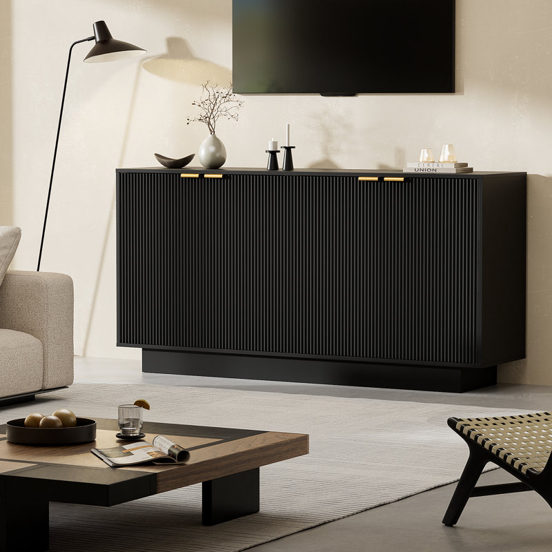 63''Large Fluted Sideboard Buffet Cabinet, Modern Buffet Table Coffee Bar Wine Bar Storage Cabinet, Black