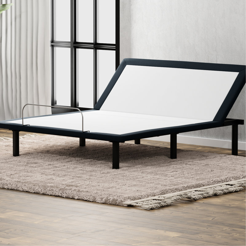 Base de lit double réglable en métal gris, fonction tête haute avec télécommande câblée, soulagement de l'inconfort articulaire, 73 po P, 53 l, 15 H, 81,2 lb. Base en métal, télécommande, profondeur, largeur, hauteur,