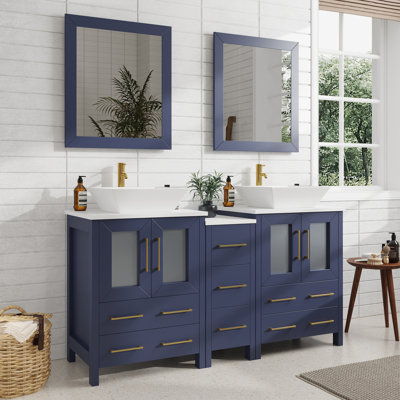 Ravenna 60" Freestanding Double Sink Bathroom Vanity with Engineered Marble Top and Matching Mirrors