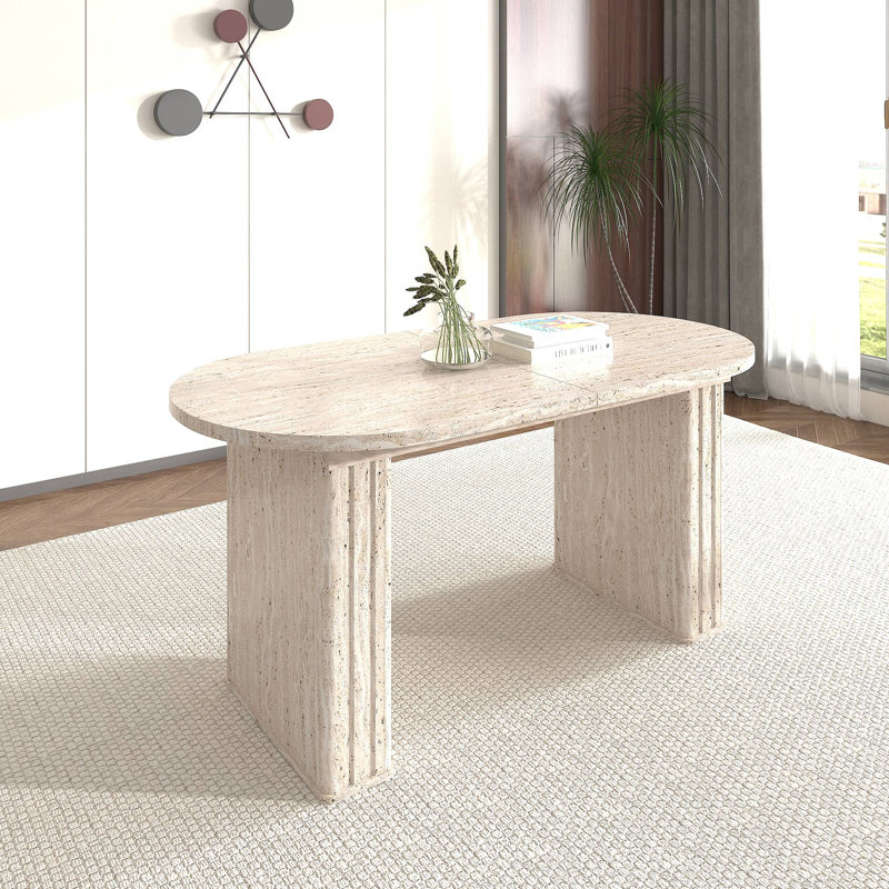Table de salle à manger extensible Kitchen, table de cuisine ovale avec base en bois pour salon de famille (d'inspiration travertin)