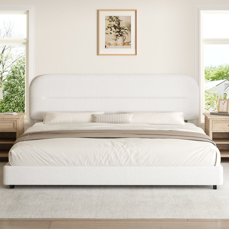 Ensemble de cadre de lit en tissu d'ameublement et de table de chevet Manfrid Boucle, Blanc, Très grand