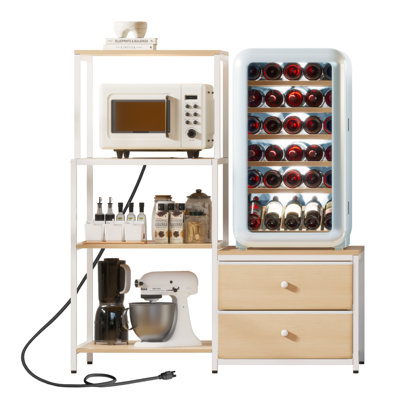 Mini support de réfrigérateur avec rangement, étagère de boulanger avec prise de courant, étagère de four à micro-ondes à 4 niveaux et 2 tiroirs, armoire à café pour la maison, chêne blanc