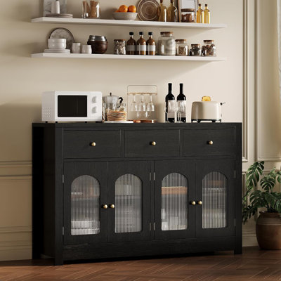 55" Modern Buffet Cabinet with Arched Acrylic Fluted Doors, 3 Drawers & Adjustable Shelves, Sideboard for Dining Room, Kitchen, Living Room, or Coffee Bar