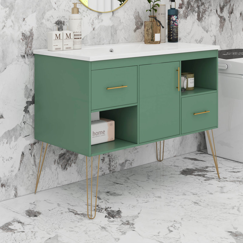 Meuble-lavabo autoportant moderne 36 po avec 2 tiroirs et compartiments de rangement ouverts