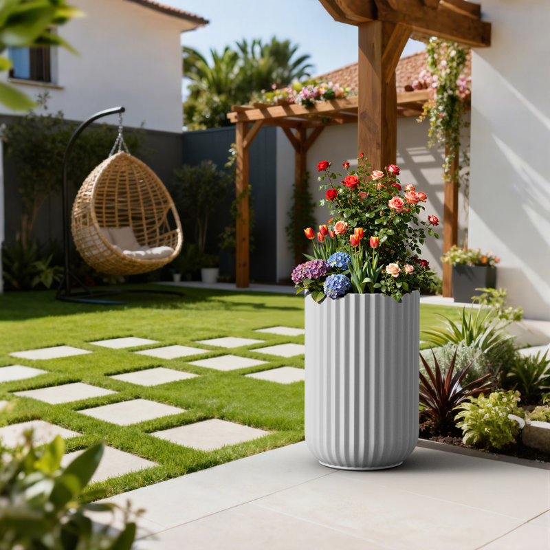 14 in. Large Pearl White(Upgraded Interior) Concrete Tall Round Planter / Pot Ribbed Design Plant Pot with Drainage Hole