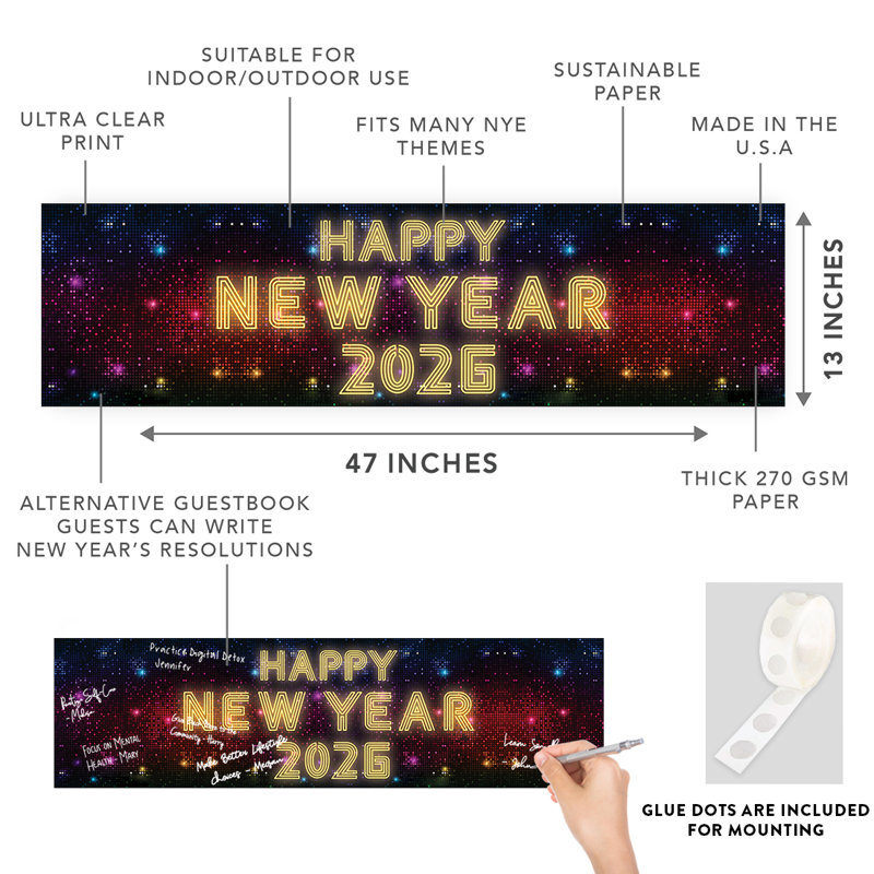 Bannière Happy New Year 20xx, conception de néons, enseigne de bannière suspendue à pois de colle