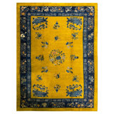 1920s Bright Yellow Weiqi Game of Go Antique Chinese Peking Rug 10'x13'6" Carpet