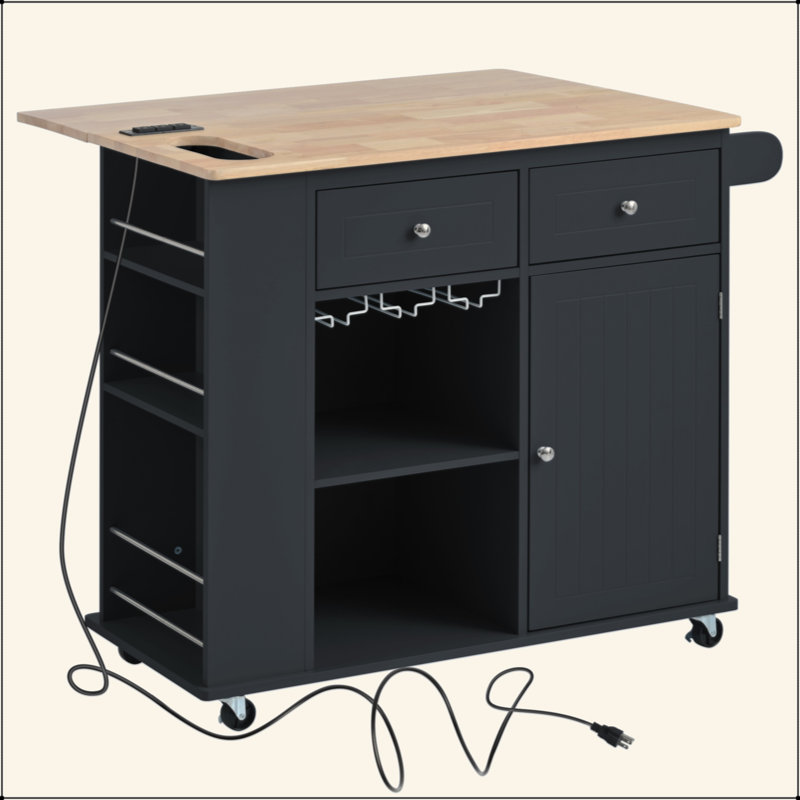 Îlot de cuisine avec prise de courant, îlot de rangement avec abattant et bois d'hévéa, rangement ouvert et support à vin, 5 roulettes, avec rangement réglable pour la maison, la cuisine et la salle à manger, noir