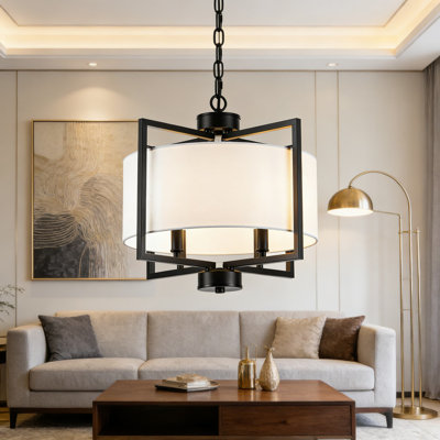 Modern Drum Chandelier With Adjustable Height, 4-Light Kitchen Island Pendant Lighting Fixture, Dimmable Rustic Farmhouse Design For Dining Room, Living Room, Bedroom Or Hallway