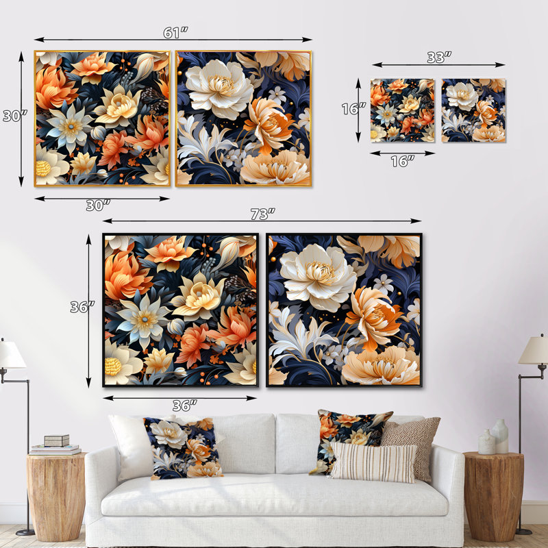 Beige éthéré Elegance Floral Blooms - ensemble de collage carré floral de 2, Cadre flottant blanc, H 16 po x l 33 po