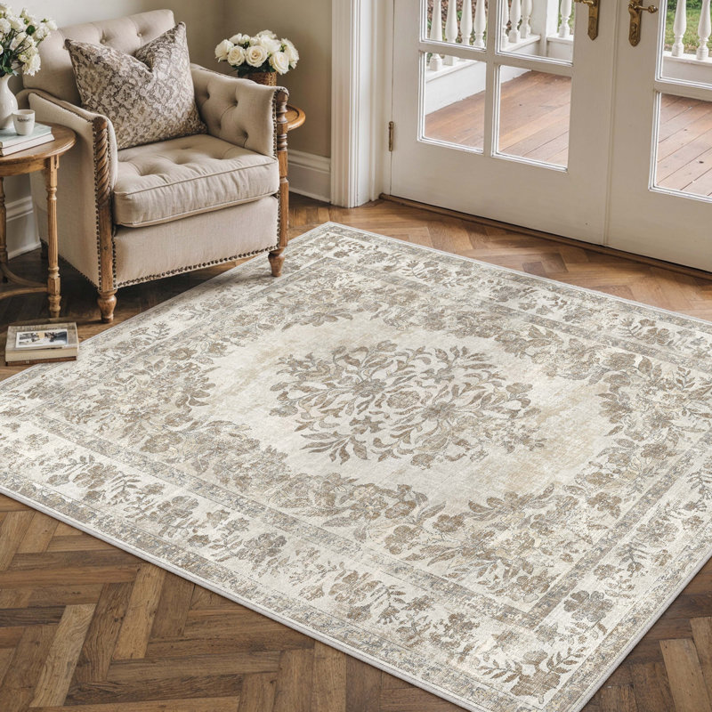 Tapis oriental lavable à la machine avec envers antidérapant Stella, Beige, Rectangulaire 3 pi x 5 pi