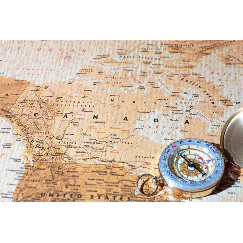 Travel Destination Canada, Ancient Map With Vintage Compass by MattiaATH - Wrapped Canvas Print, 61cm H x 91cm W