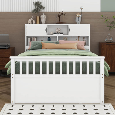 Full Size Captain Platform Bed With Storage Bookcases Headboard, Solid Wood Platform Bed Frame With 4 Drawers And A Cabinet