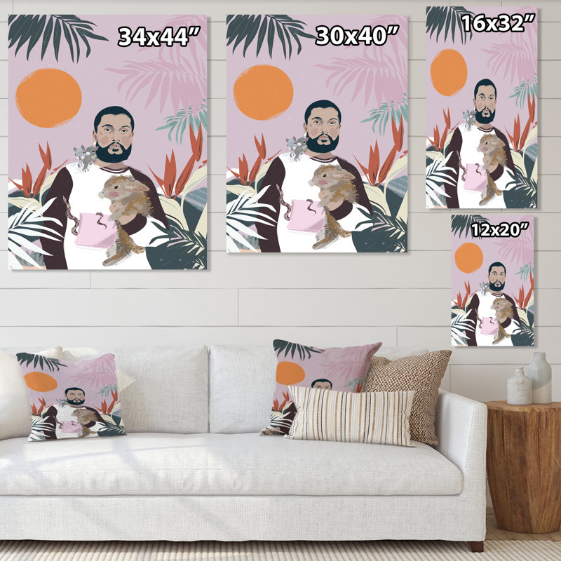 Homme tenant son lapin et son serpent - reproduction sur toile, H 32 po x l 16 po, Toile tendue