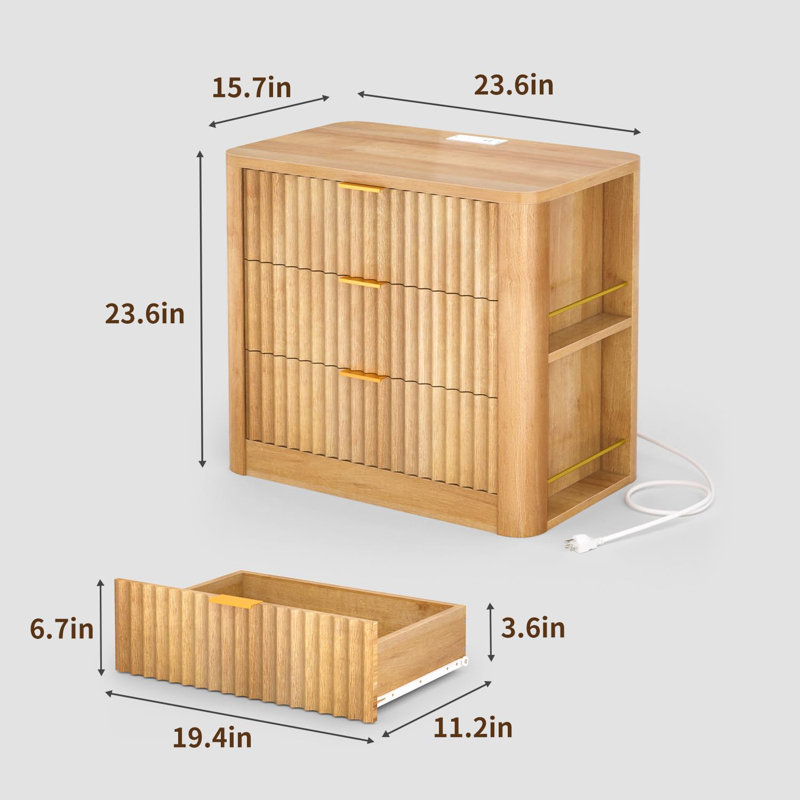 Modern Nightstand With 3 Drawers And Side Storage Shelves, Charging Station, End Table Bedside Table For Bedroom, Curved Profile Design, (Oak)