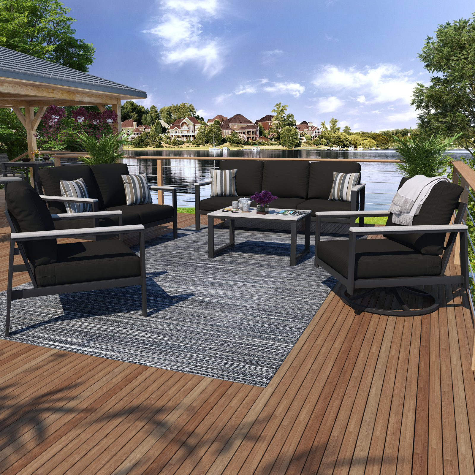 Townsend 5 Piece Sofa Seating Group with Sunbrella® Cushions, Canvas Black Sunbrella® Canvas