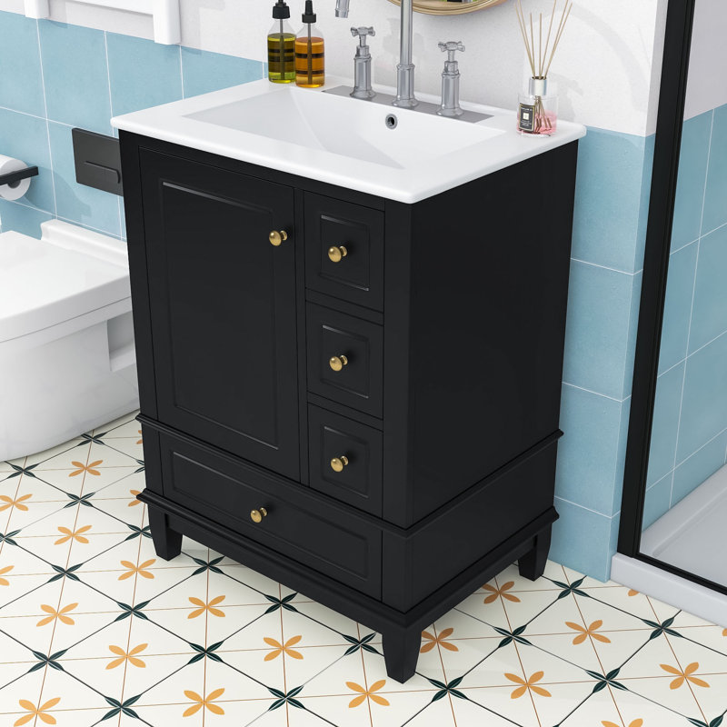 Meuble-lavabo autoportant avec lavabo en céramique 3 tiroirs et armoire de rangement, Noir, noir, noir, noir